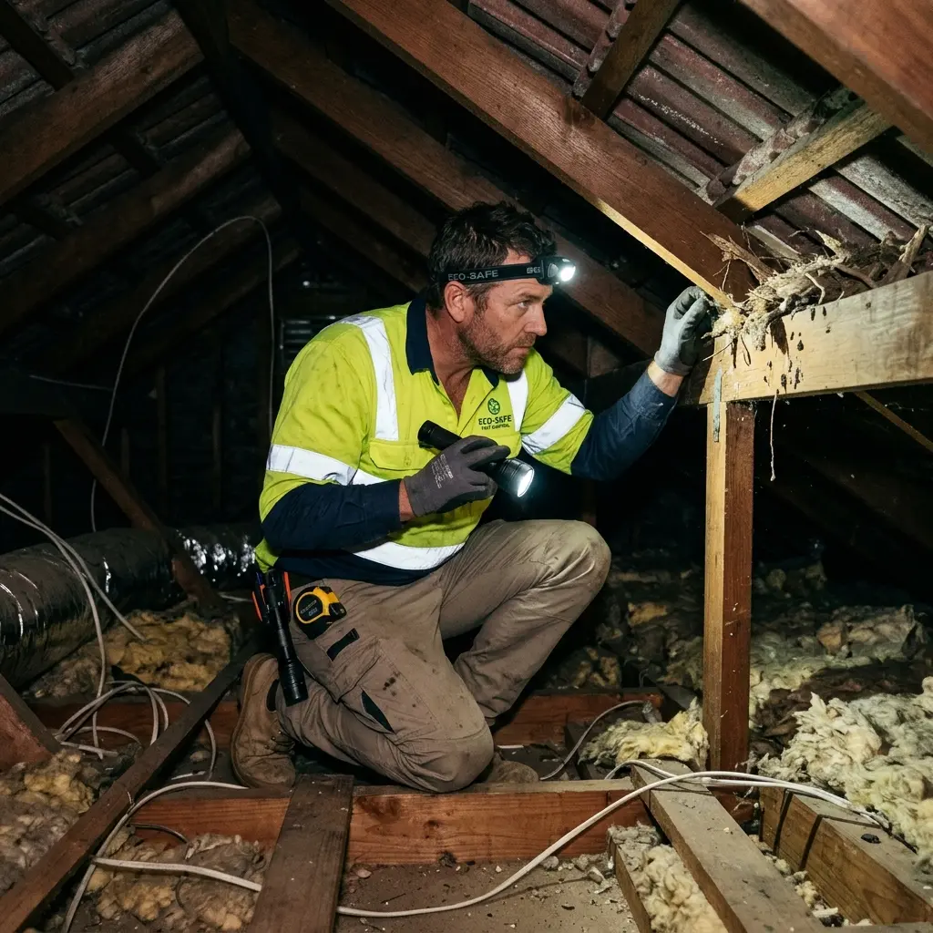 Technician inspecting a roof cavity for a dead animal in Caulfield